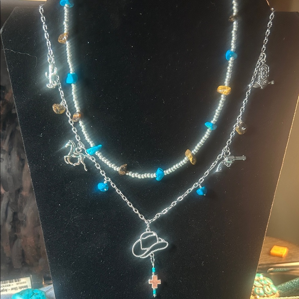 Chic Silver Charm Necklace with Turquoise and Tiger Eye Accents